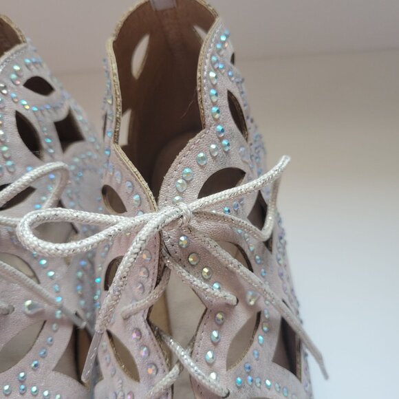 Joan Boyce Cutout Suede Lace-Up Heels With Rhinestones Size 10M - Picture 4 of 8